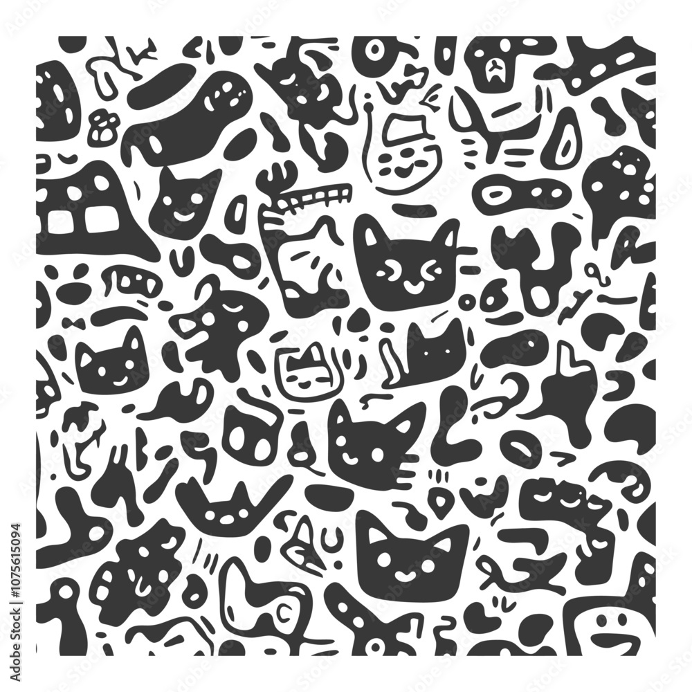 Abstract doodle pattern with cartoon cat faces and organic shapes Abstract doodle pattern with cartoon cat faces and organic shapes