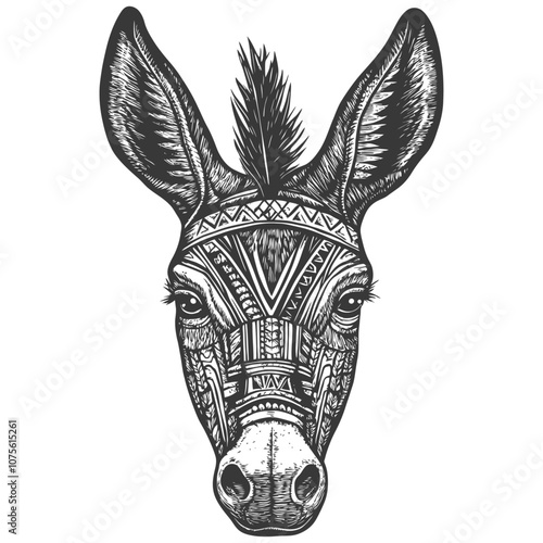 Detailed Black and White Illustration of a Donkeys Head with Tribal Patterns