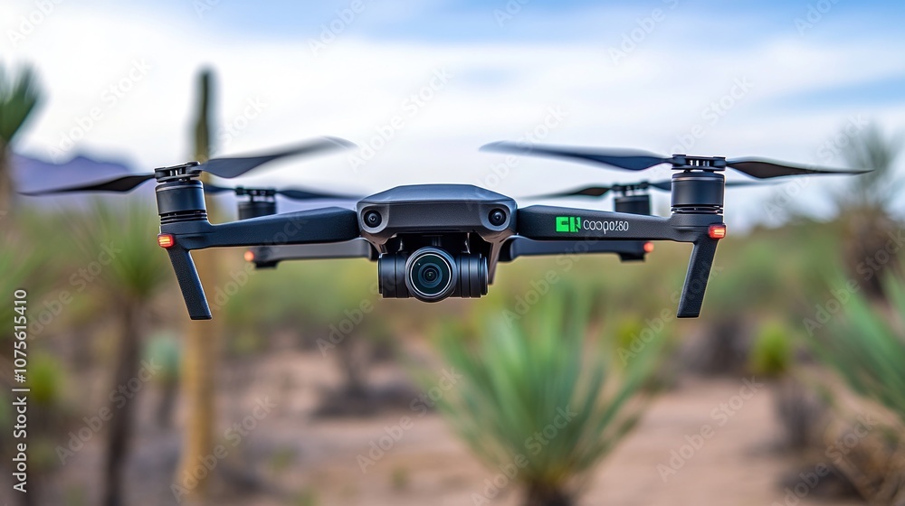 Drone flying over a desert landscape. Drone flying over a desert landscape.