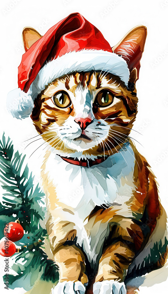 Cheerful cat in a Santa hat nestled beside festive decorations during the holiday season Cheerful cat in a Santa hat nestled beside festive decorations during the holiday season