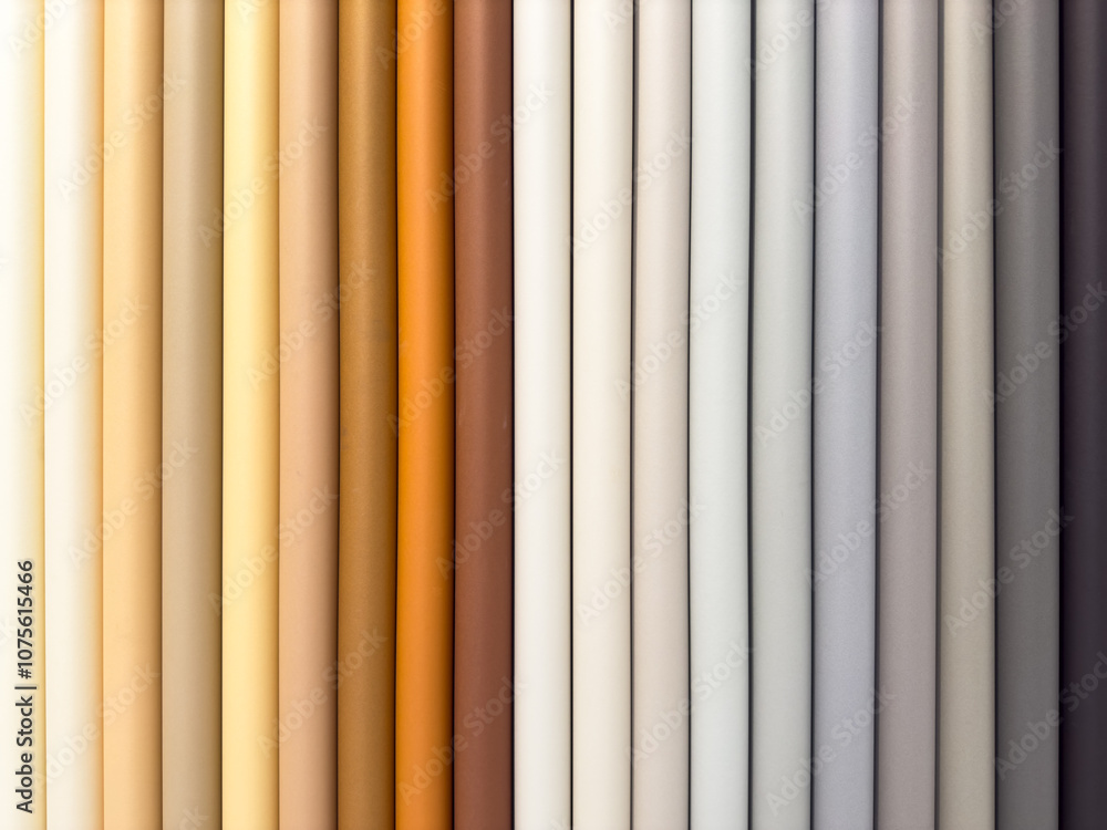 A row of different colored fabric rolls, including tan, brown, and white A row of different colored fabric rolls, including tan, brown, and white