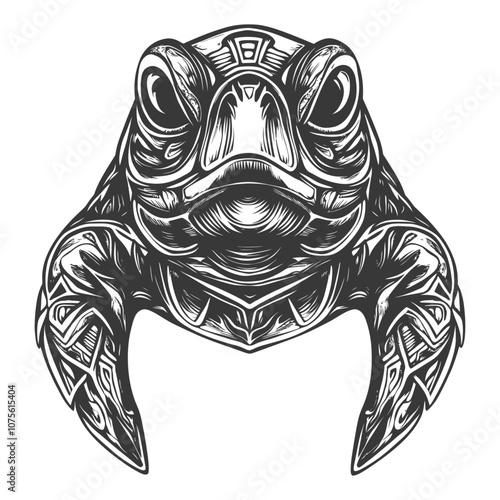 Detailed Black and White Illustration of a Frogs Head with Elaborate Patterns