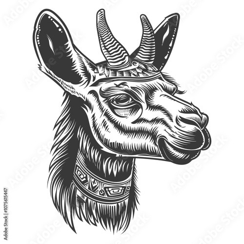Detailed Black and White Illustration of a Llamas Head