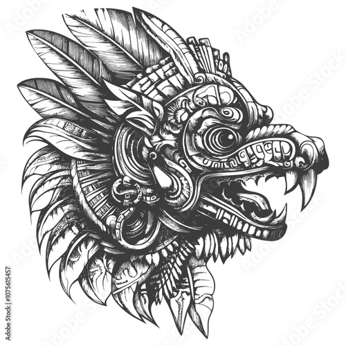 Detailed black and white illustration of a Mayan feathered serpent head
