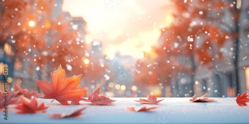 Frozen maple leaves rest on a rustic wooden table blanketed in snow. The suns rays bring life to this autumnwinter scene, creating a serene atmosphere that captivates the senses photo