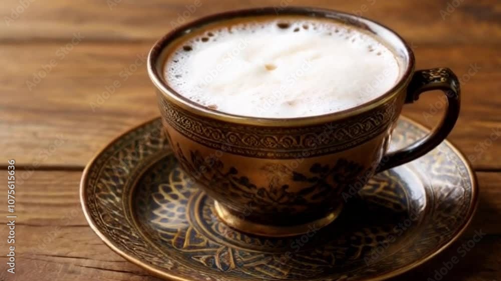 A close-up of Turkish coffee served in a traditional, ornately designed cup, the thick, dark coffee settling at the bottom, with a layer of foam on top, set against an antique wooden surface. A close-up of Turkish coffee served in a traditional, ornately designed cup, the thick, dark coffee settling at the bottom, with a layer of foam on top, set against an antique wooden surface.