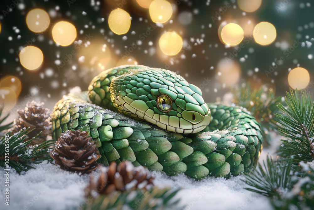 Fototapeta premium A green snake coiled among snow and pine branches with blurred lights in the background during a winter setting