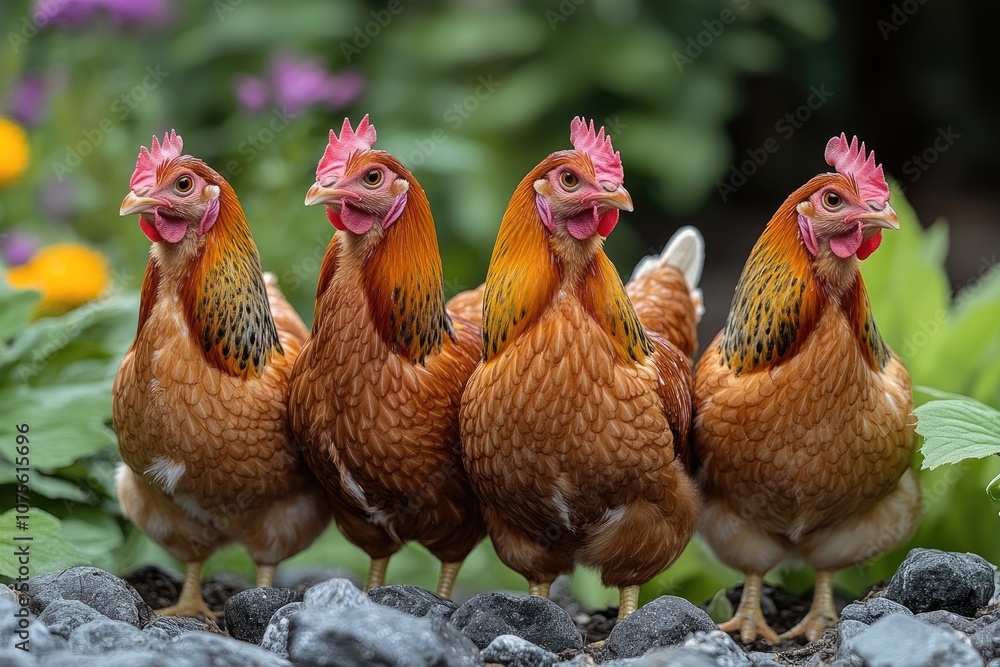 Fototapeta premium Four Brown Chickens Standing on Rocks in a Garden