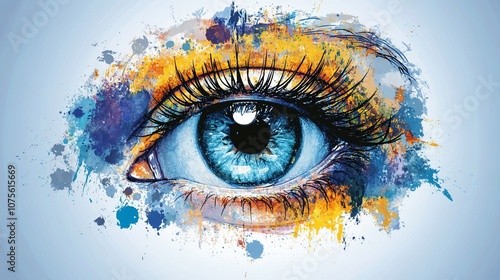 A close-up, detailed, colorful illustration of a human eye with blue iris and long eyelashes.