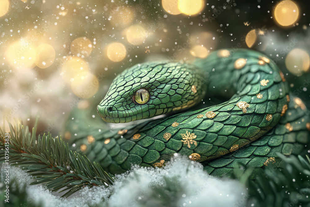 A green snake coiled among snowy pine branches with soft glowing lights in the background during a winter season A green snake coiled among snowy pine branches with soft glowing lights in the background during a winter season