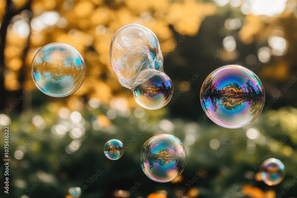 Iridescent Soap Bubbles Floating in the Air with a Bokeh Background Iridescent Soap Bubbles Floating in the Air with a Bokeh Background