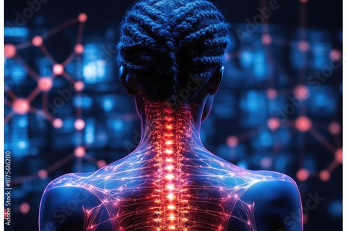 Illuminated Spinal Column with Glowing Neural Pathways