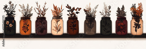Dried flowers in glass jars on a shelf.