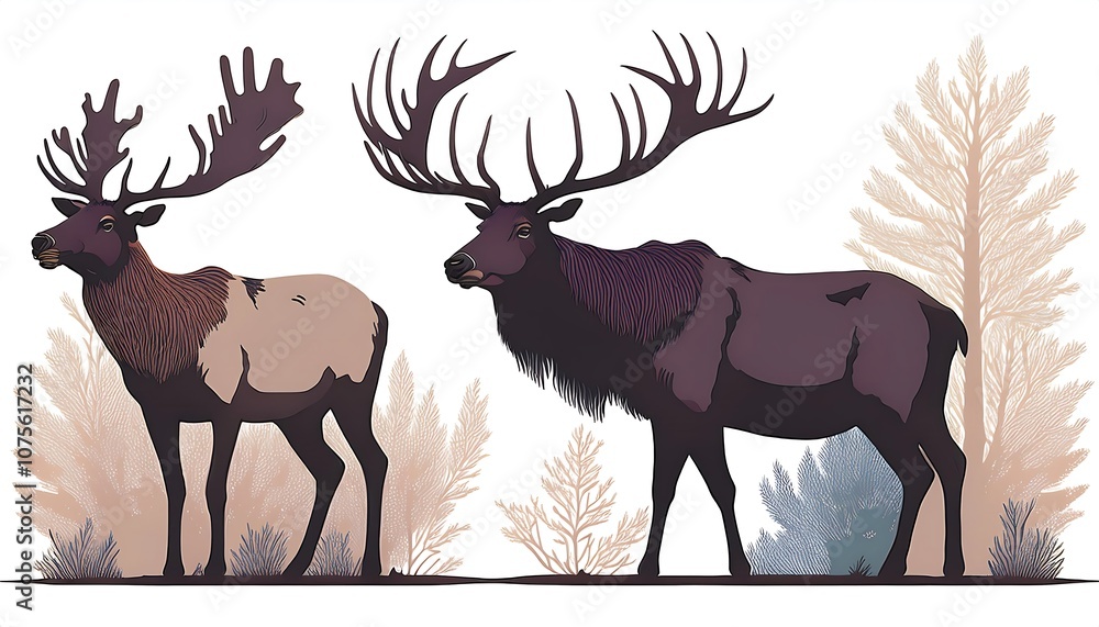 Vector set featuring elk and deer silhouettes in a muted color palette, isolated on a white_1(1821) Vector set featuring elk and deer silhouettes in a muted color palette, isolated on a white_1(1821)