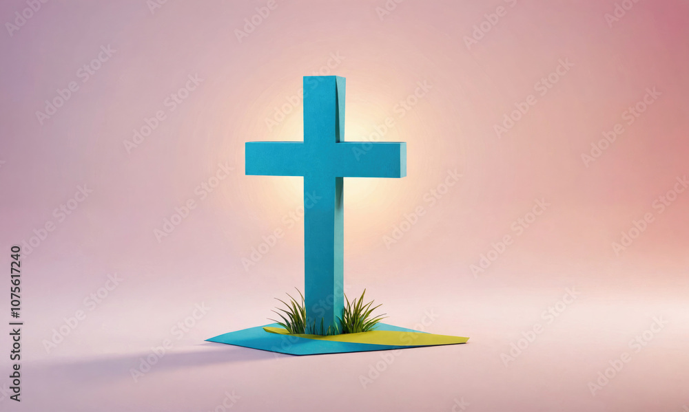 Obraz premium A blue cross stands tall against a pink and white background