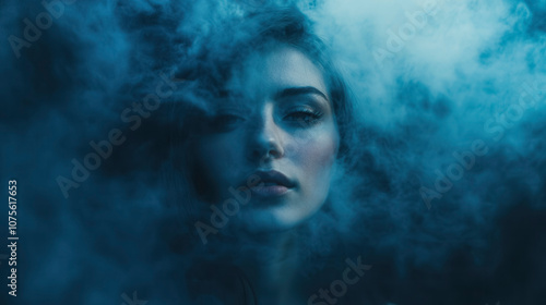 A woman surrounded by ethereal blue smoke in a dimly lit setting, creating a mysterious and captivating atmosphere at dusk