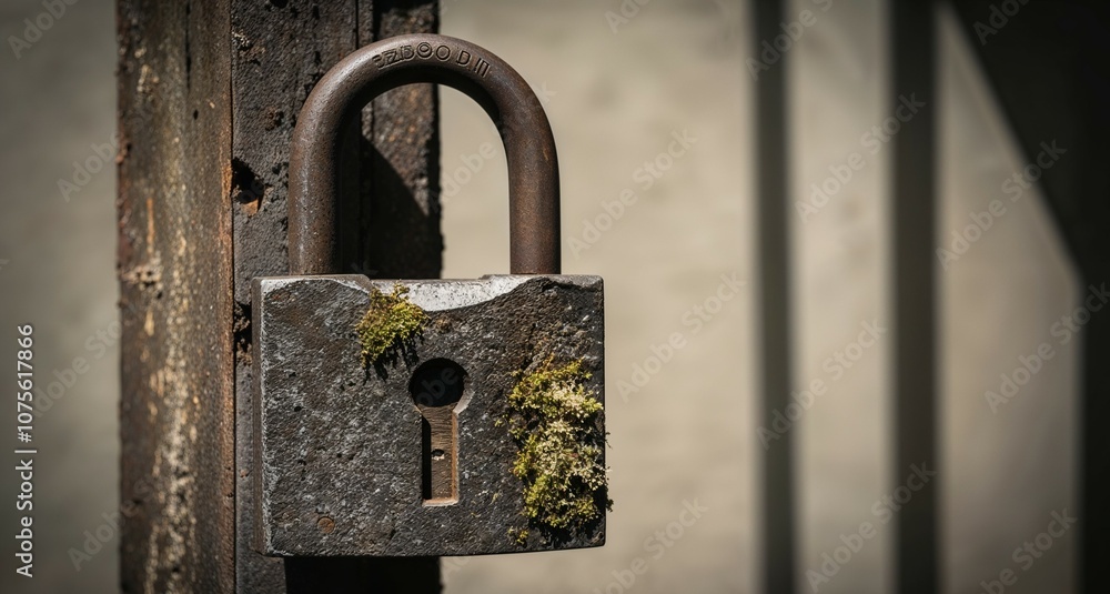 This is a closeup image of a padlock that has moss growing on it This is a closeup image of a padlock that has moss growing on it