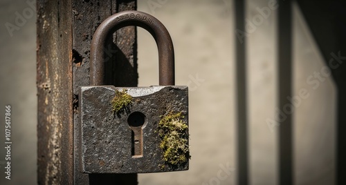 This is a closeup image of a padlock that has moss growing on it