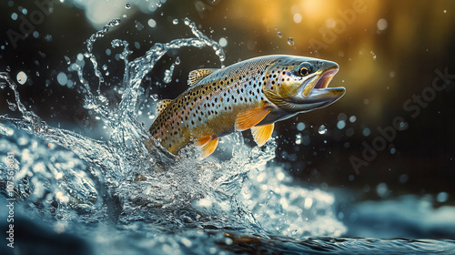 A brown trout leaps from the water, splashing droplets in a vibrant river scene during a sunny afternoon