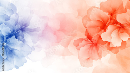 Delicate, pastel flower petals in blue and red tones create a soft, romantic backdrop.