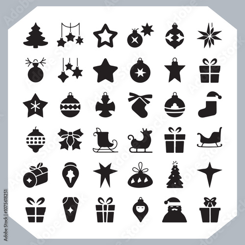  Black Merry Christmas day icon silhouette, Christmas Bundle icon set. Christmas icons collection silhouettes in white background