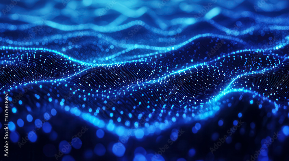 Illuminated blue waves in a digital landscape during a serene night setting Illuminated blue waves in a digital landscape during a serene night setting