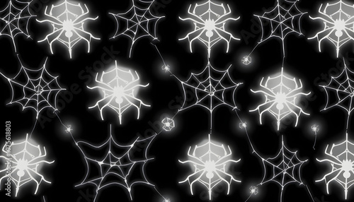 Halloween themed black and silver spider web seamless pattern with white shades, png photo