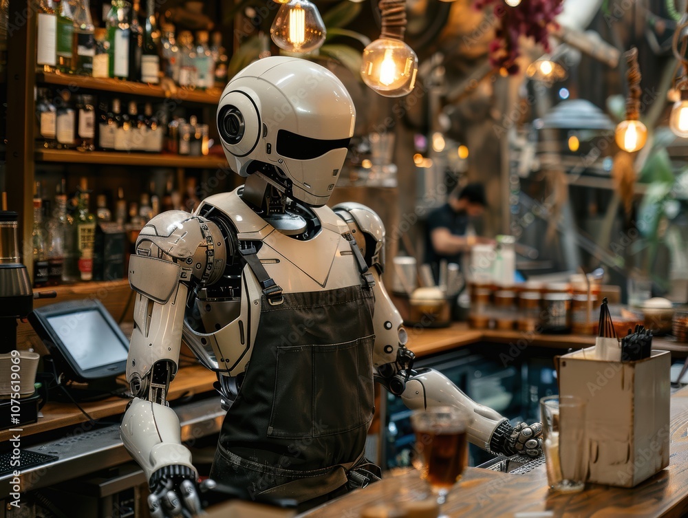 Fototapeta premium A humanoid robot, dressed as a bartender, serves drinks in a stylish bar, symbolizing the integration of robotics in nightlife settings