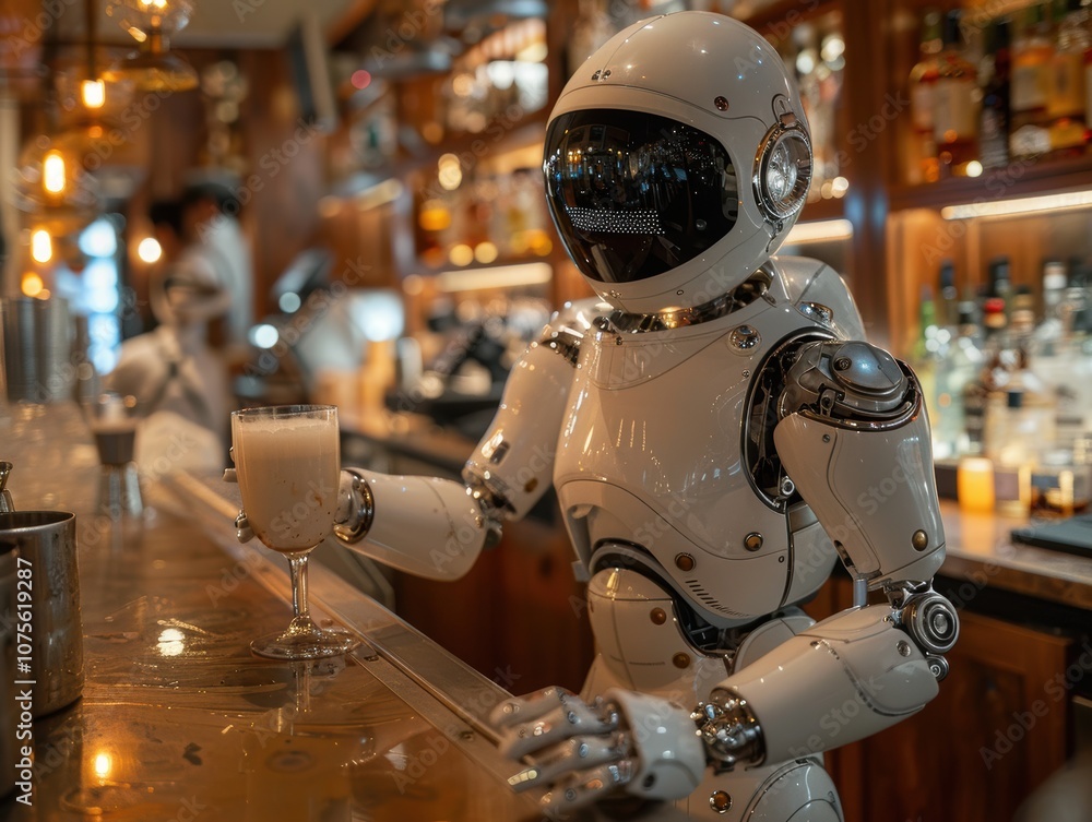 A humanoid robot stands behind a bar, preparing drinks, showcasing the future of bartending with advanced robotics and automation A humanoid robot stands behind a bar, preparing drinks, showcasing the future of bartending with advanced robotics and automation