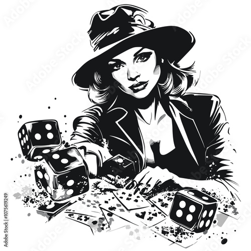 vector woman in casino throwing dice on white background .Generative AI