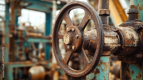 Close up on a classic oil pump jack mechanism, vintage industrial look, rusty and worn-out metal parts