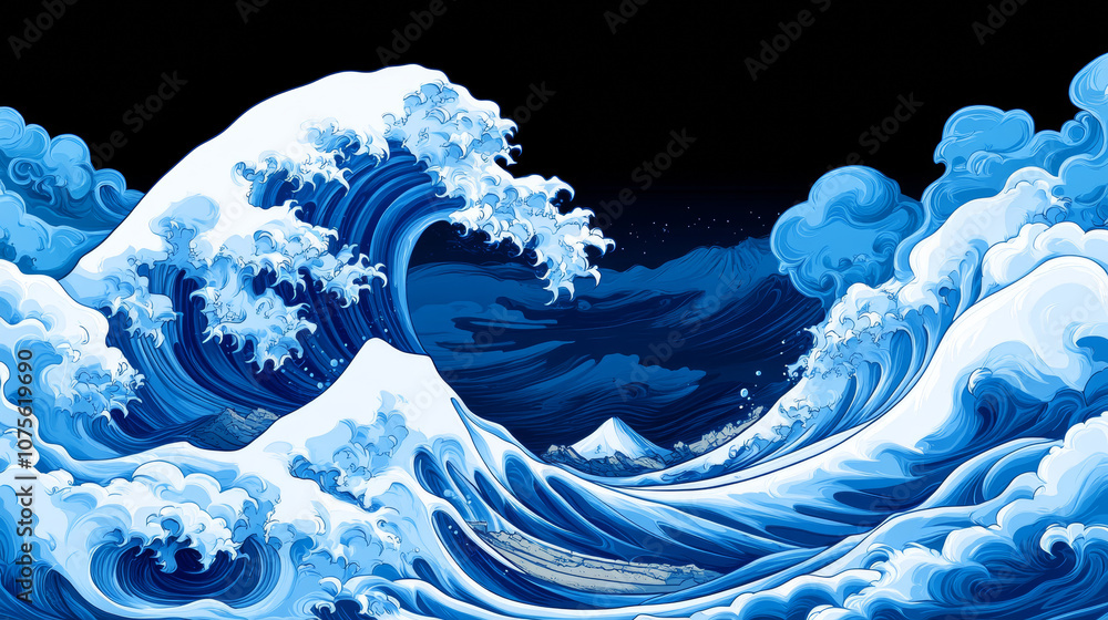 A dramatic, stylized illustration of a giant wave, reminiscent of Japanese woodblock prints.