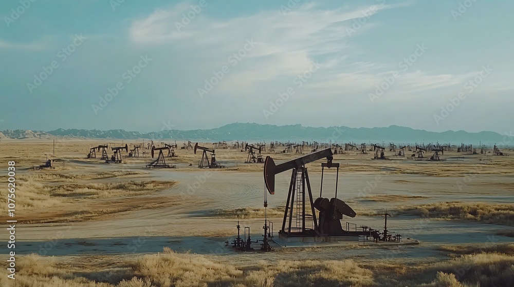 Large oil field with hundreds of pump jacks, fading into the distance, overhead aerial view, expansive scene Large oil field with hundreds of pump jacks, fading into the distance, overhead aerial view, expansive scene
