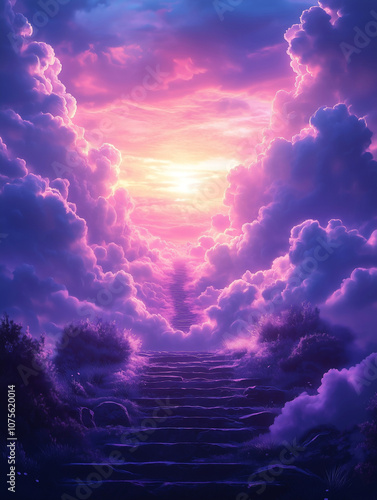 Stairway to Heaven at Sunset Surrounded by Majestic Purple Clouds, a Dreamlike and Ethereal Pathway Leading Through Vibrant Clouds into a Heavenly Horizon