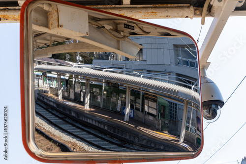 Urban rail transit scene through rusty train door