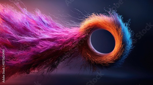 A vibrant, swirling vortex of colorful particles, blending pink, orange, and blue shades against a dark background, creating a dynamic visual effect.