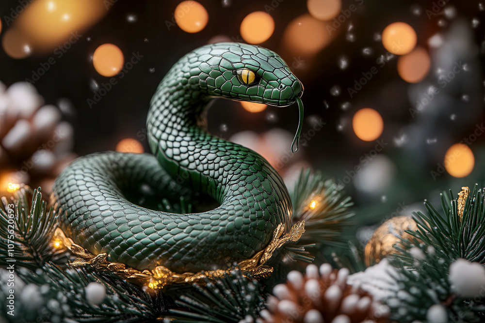 A green snake curled around pine branches with festive lights, captured in a winter setting with gentle snowfall A green snake curled around pine branches with festive lights, captured in a winter setting with gentle snowfall