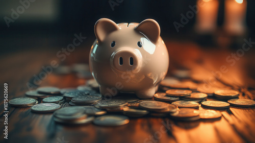 A piggy bank surrounded by coins on a wooden table illuminated by soft candlelight