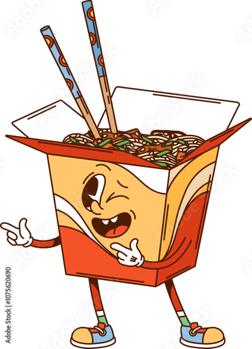 Cartoon groovy wok box fast food character. Isolated vector takeout noodles package with sticks. Retro personage with cheerful expression and chopsticks sticking out, exudes carefree appetizing vibes