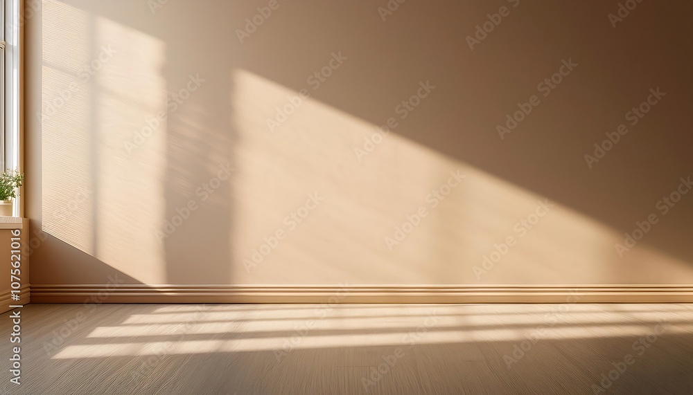 Sunbeams from a panoramic window cast gentle shadows on a smooth beige wall in this simple,_1(1720) Sunbeams from a panoramic window cast gentle shadows on a smooth beige wall in this simple,_1(1720)