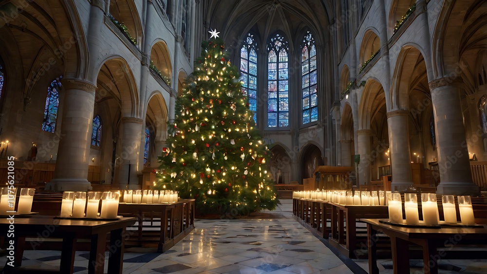 A tall decorated Christmas tree stands in the middle of a church aisle with rows of lit candles lining the pews. A tall decorated Christmas tree stands in the middle of a church aisle with rows of lit candles lining the pews.