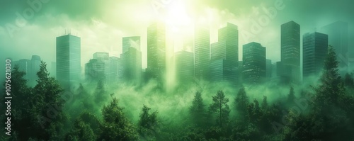 Goals for achieving carbon neutrality in corporate operations copy space, corporate responsibility theme, futuristic, Multilayer, green cityscape backdrop