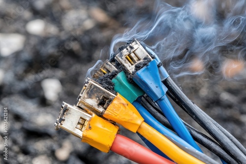 Close-up of burned network cables with smoke, illustrating technology failure, overheating, and electrical hazard.