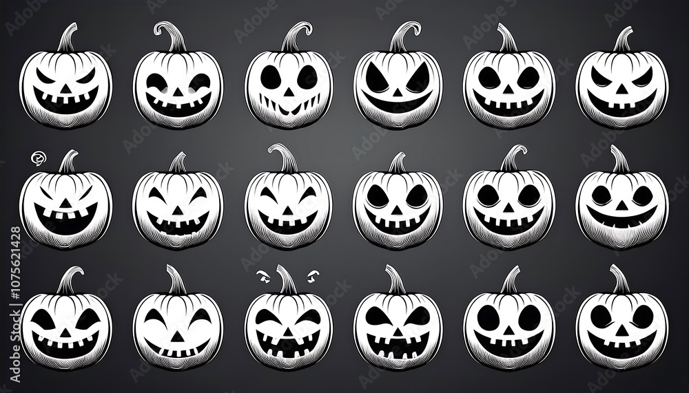Spooky pumpkin silhouettes in various emotions, isolated black and white vector icons, _1(1706) Spooky pumpkin silhouettes in various emotions, isolated black and white vector icons, _1(1706)
