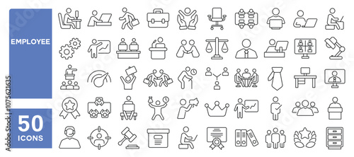 Set of 50 line icons related to employee, work, business, employment, organization, teamwork, office, employer, worker, Editable stroke. Vector illustration