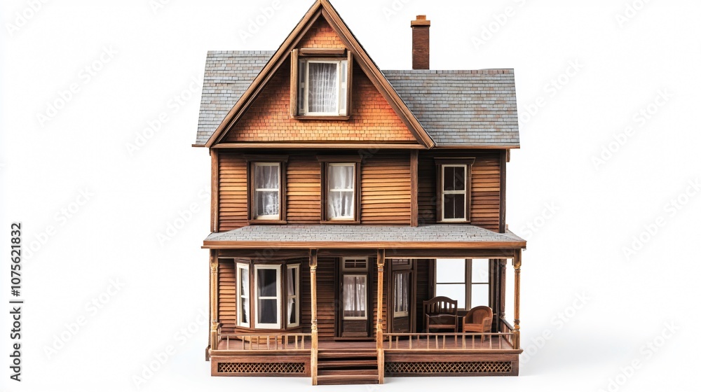 Classic dollhouse toy with three levels, tiny furniture details visible through windows, isolated on white Classic dollhouse toy with three levels, tiny furniture details visible through windows, isolated on white