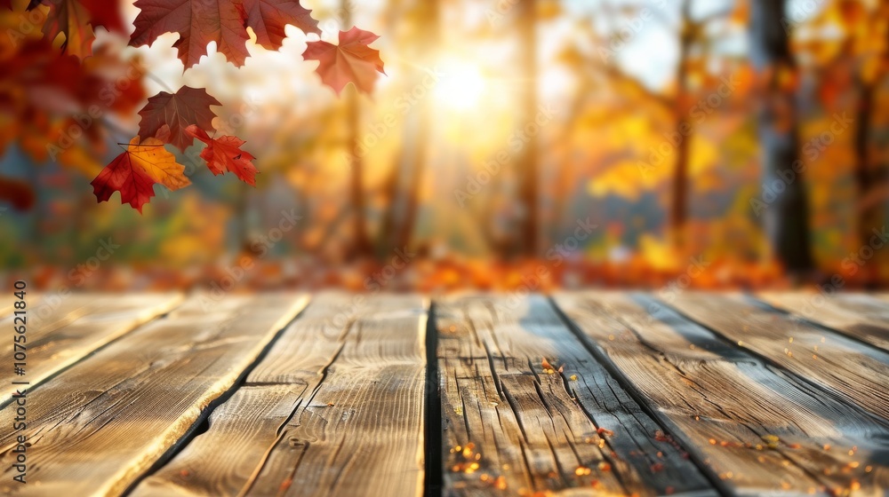 Empty wood table top and blurred autumn tree and red leaf background Empty wood table top and blurred autumn tree and red leaf background