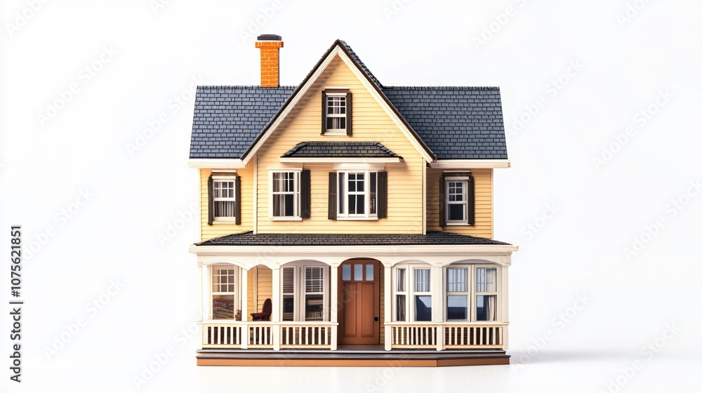 Classic dollhouse toy with three levels, tiny furniture details visible through windows, isolated on white Classic dollhouse toy with three levels, tiny furniture details visible through windows, isolated on white