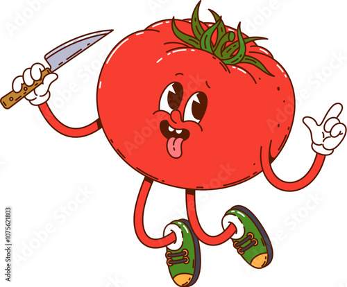 Groovy tomato vegetable funny character with knife. Farming market healthy tomato vegetable comical cartoon vector character, vegetarian food product or ripe veggie isolated foolish groovy personage