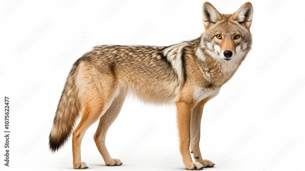 Fototapeta premium Realistic png of an alert coyote with background for seamless design integration